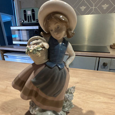 Nao by Lladró Porcelain Girl Figurine with Flower Basket, Hand Painted Glossy