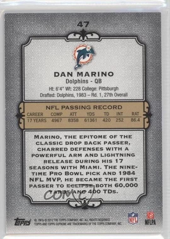 2012 Topps Supreme /462 Dan Marino #47 HOF - Image 2 of 2