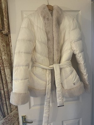 River island cream faux fur trim padded  puffa Coat size 14 RRP £129