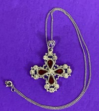 VTG Red Clear Rhinestone Ornate Cross Pendant Necklace SilverTone Christianity