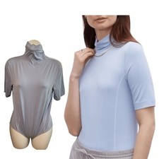 Club Monaco Womens Bodysuit Blue Stretch Mockneck Modest One Piece Norm Size L