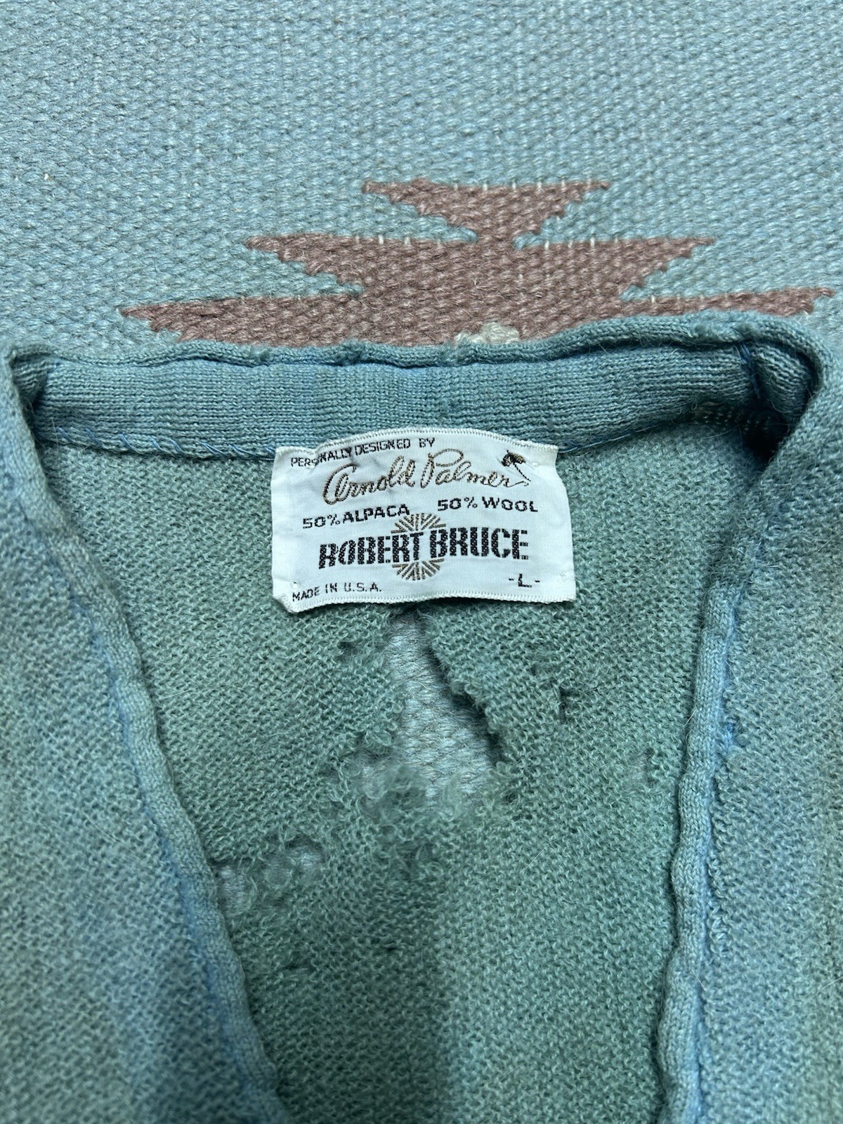 Vintage 70s cardigan sweater Robert Bruce Arnold Palmer thrashed zombie blue Lg