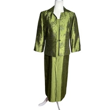 Coldwater Creek Two Piece Green Brocade Dress Jacket Set Petite 10 Green Beaded