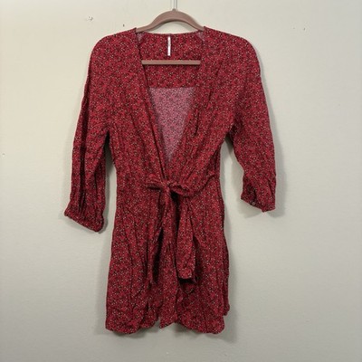 Free People Clara Red Floral Daisy Ruffle Faux Wrap Ruffle Dress M