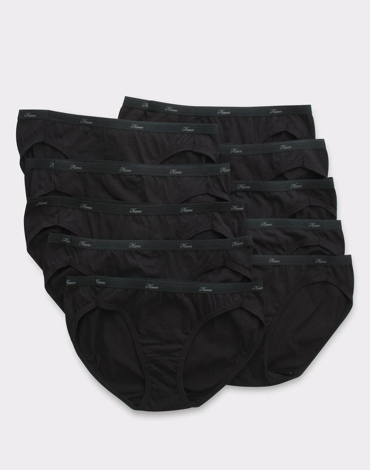 Paquete de 10 bikinis de mujer Hanes transpirables de algodón todo negro ropa interior bragas 6 u 8