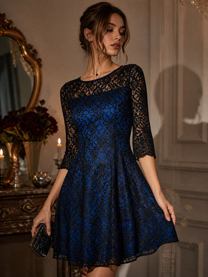 Blue Black Lace Midi Dress Small 3/4 Sleeve Witchy Coquette Whimsygoth Fit Flare