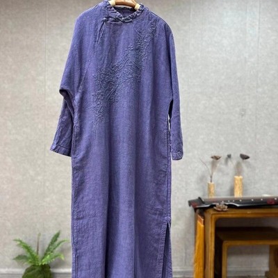 knee length dresses for ladies Women Traditional Chinese Style Linen and Cotton Dress Wine Red / XL