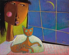 ANGEL BOTELLO Art Poster or Rolled Canvas Print "Niña Con Gato" Girl and Cat