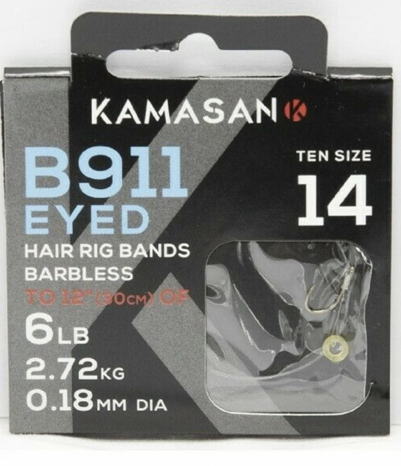 KAMASAN B911 STANGENLOSE AUGENHAKEN AUF NYLON MIT HAARRIGGERBÄNDERN - ALLE GRÖSSEN