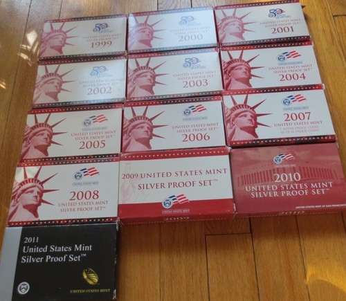 1999 to 2011 Silver Proof Set U.S. Mint COA 13 Silver Sets with Silver Quarters