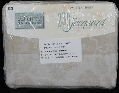 J C PENNEY JACQUARD BEIGE 230 COUNT 100% COTTON TWIN SHEET SET NEW WITH TAG