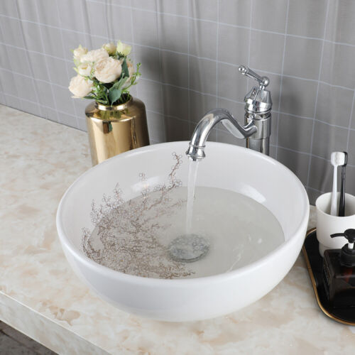 Bathroom White Ceramic Sink Round Chrome Single Handle&Hole Deck Mount Mixer Tap - Picture 8 of 15
