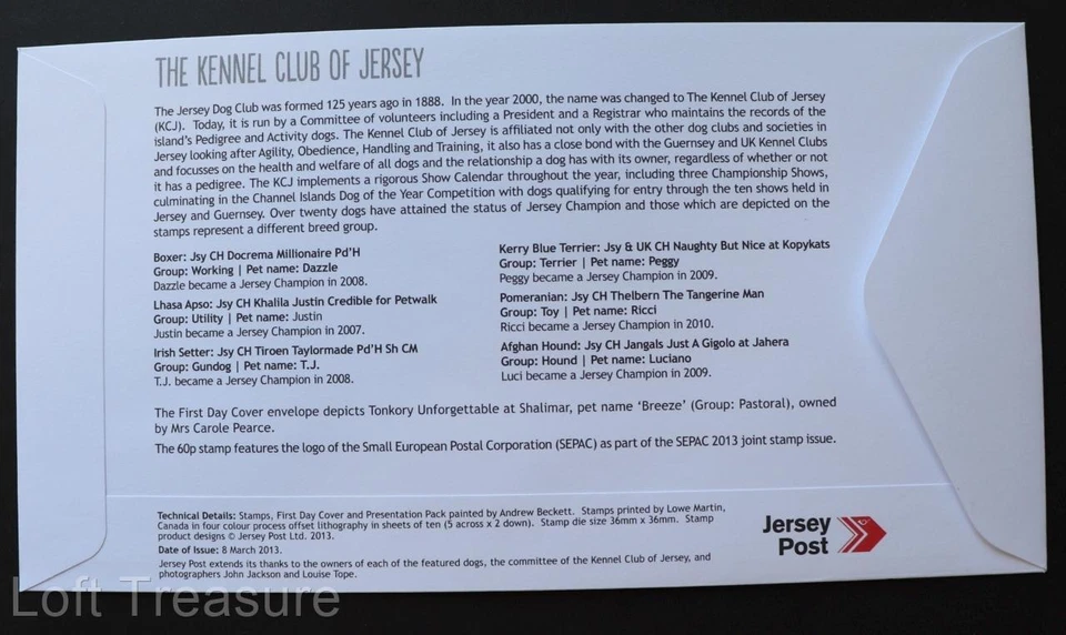 Jersey Stamps: "Jersey Kennel Club" First Day Cover 6 Value Set 2013 - Image 3 of 3