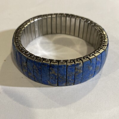 Bracelet Vintage Lapis Lazuli Et Métal Chromé - Style Bohème Des Années 70/80 - Longueur Ajustable
