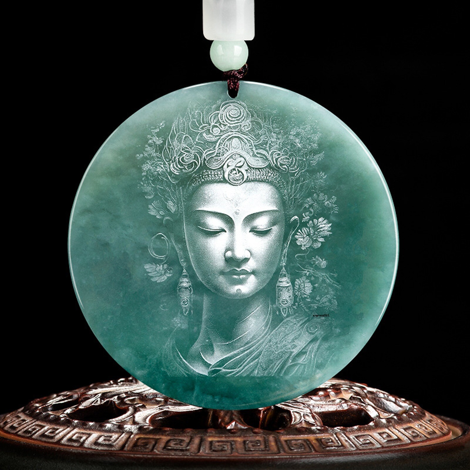 Men Women Natural Grade A Jade Jadeite Lucky Carved Guanyin Buddha Round Pendant