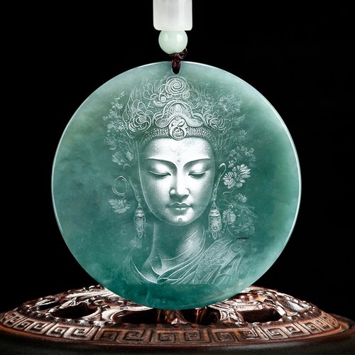 Men Women Natural Grade A Jade Jadeite Lucky Carved Guanyin Buddha Round Pendant - Picture 1 of 13