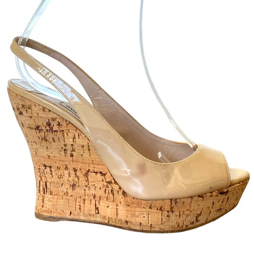 MIU MIU Beige Patent Leather Peep Toe Slingback Cork Wedge Sandals, Size 38 - Picture 8 of 13