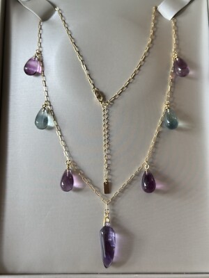 Sehr Schöne Kette Anhänger Fluorit Amethyst Tropfen 925 Silber