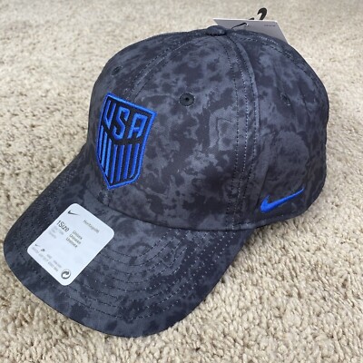 Nike USMNT USA Heritage86 Campus Hat Adjustable Strapback Wave Print Black Cap