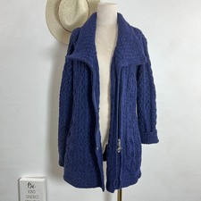 ARAN cable knit zip-up cardigan 100 blue merino wool non itch winter fall cozy