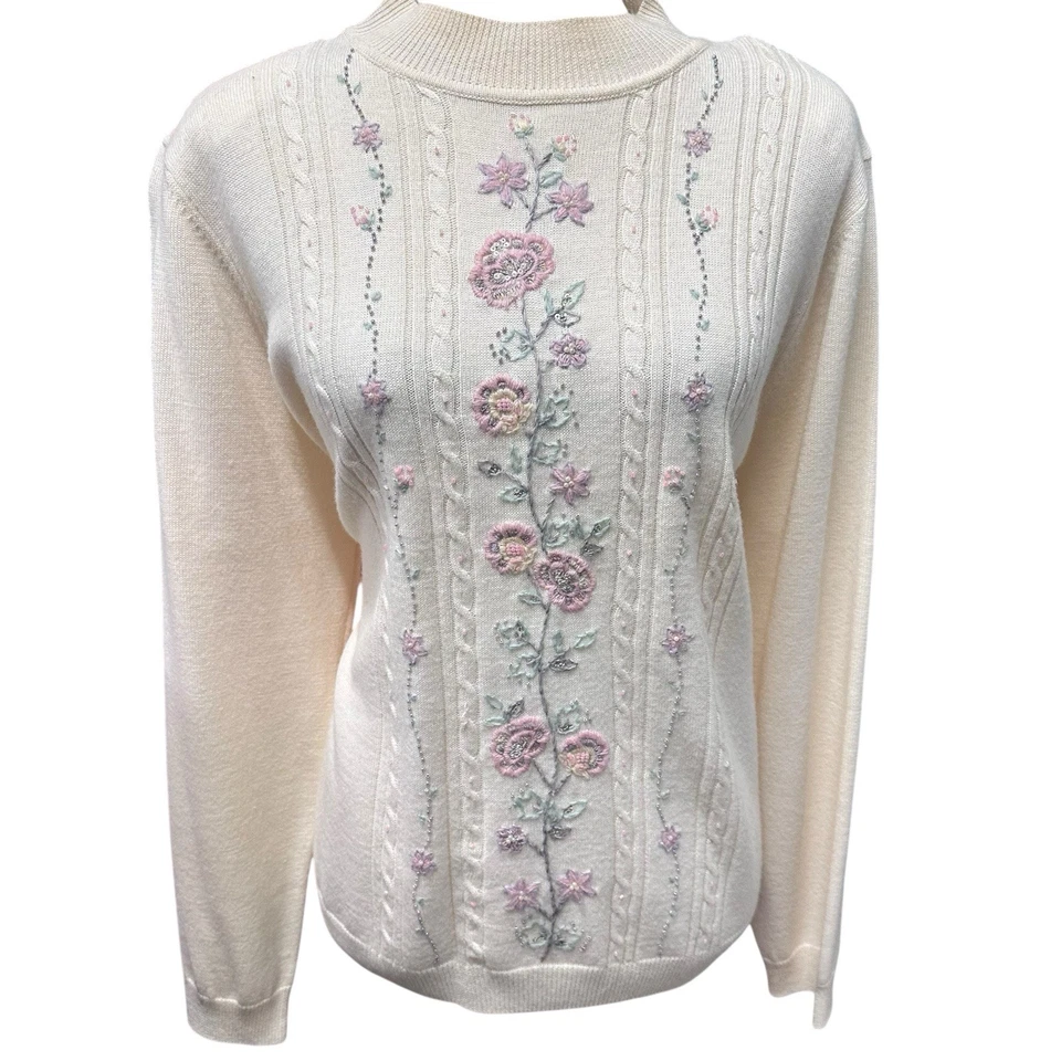 Винтажный стиль Grandmacore свитер с белой цветочной вышивкой насмешливый шеи женщин Sz XL - Изображение 4 из 4