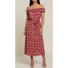 Loft Outlet Red Floral Midi Dress Off The Shoulder Cottagecore Summer Small