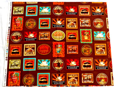Jumpin' Java Coffee Labels Cotton Fabric Maria Kalinowski Benartex 1 Yd C8101