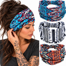 Wide Knotted Turban Hair Bands 3Pcs Black Boho Stretch Headbands for Women