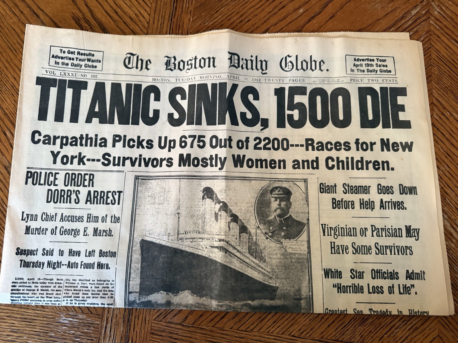 Boston Daily Globe Titanic Sinks REPRINT Morning & Evening April 16 1912 REPRO!!