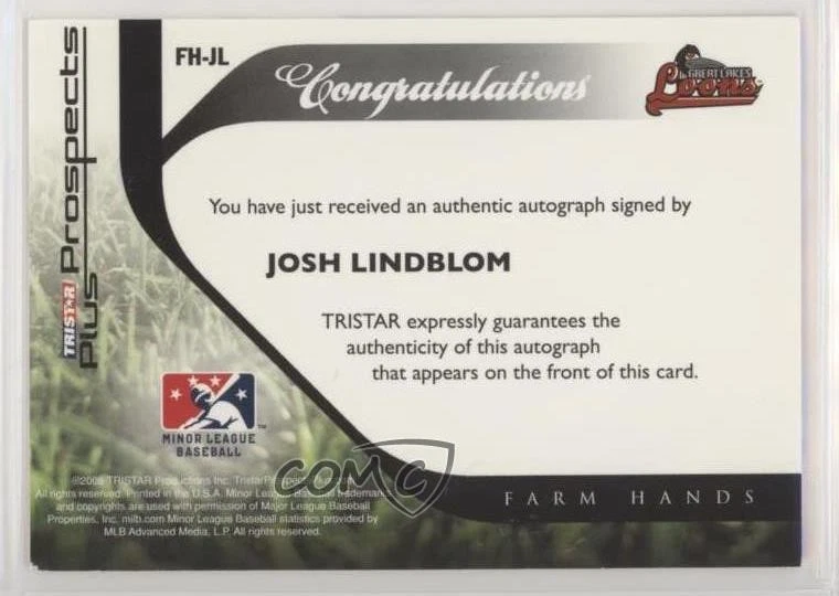 2008 TRISTAR Prospects Plus Farm Hands Authentic Auto Josh Lindblom #FH-JL Auto - Image 2 of 2