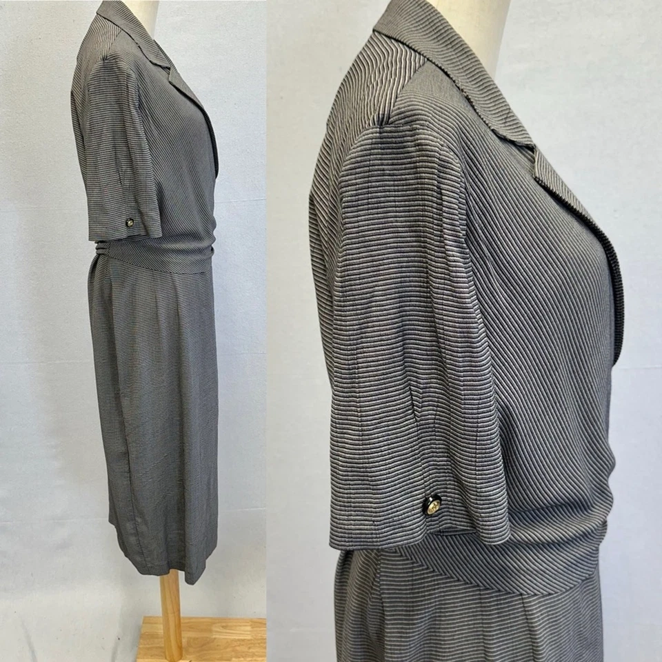 Vestido midi vintage años 90 a rayas envolvente Aline manga corta estilo botón talla 12 Foto 2 de 4