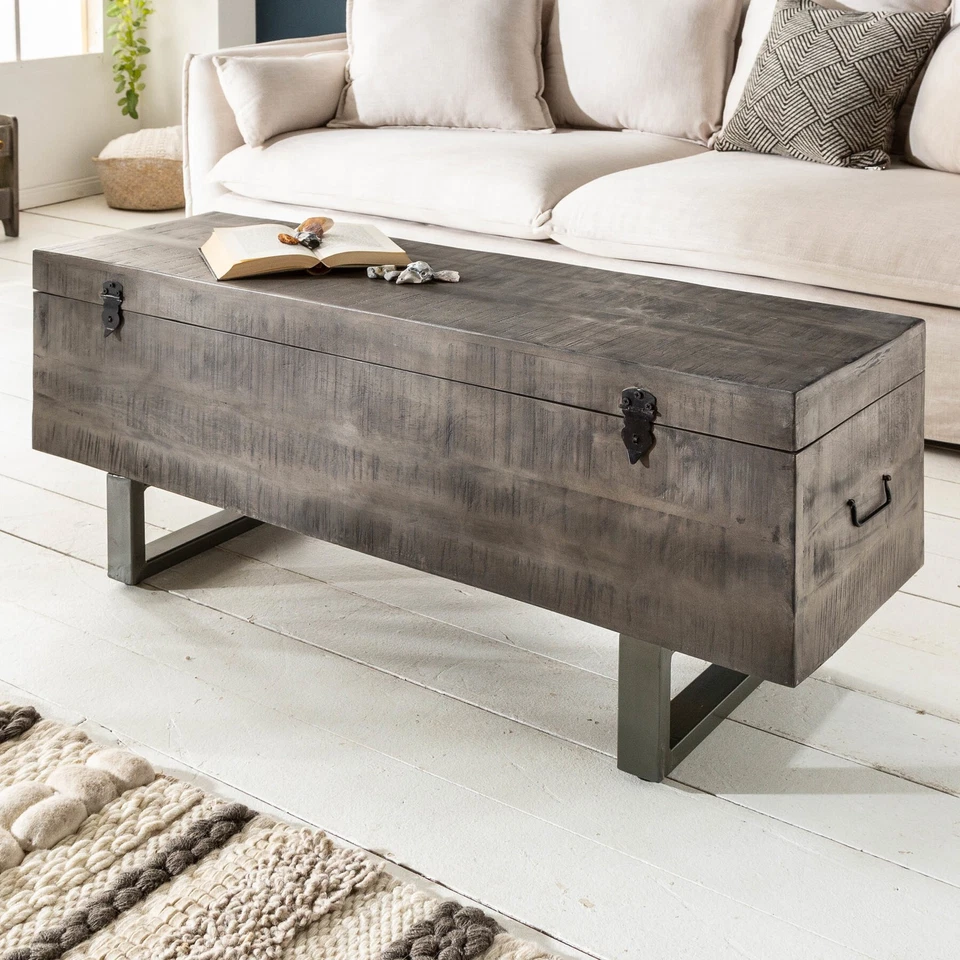 Industrial Truhenbank FACTORY LOFT 115cm Mangoholz grau Sitzbank Holztruhe Truhe