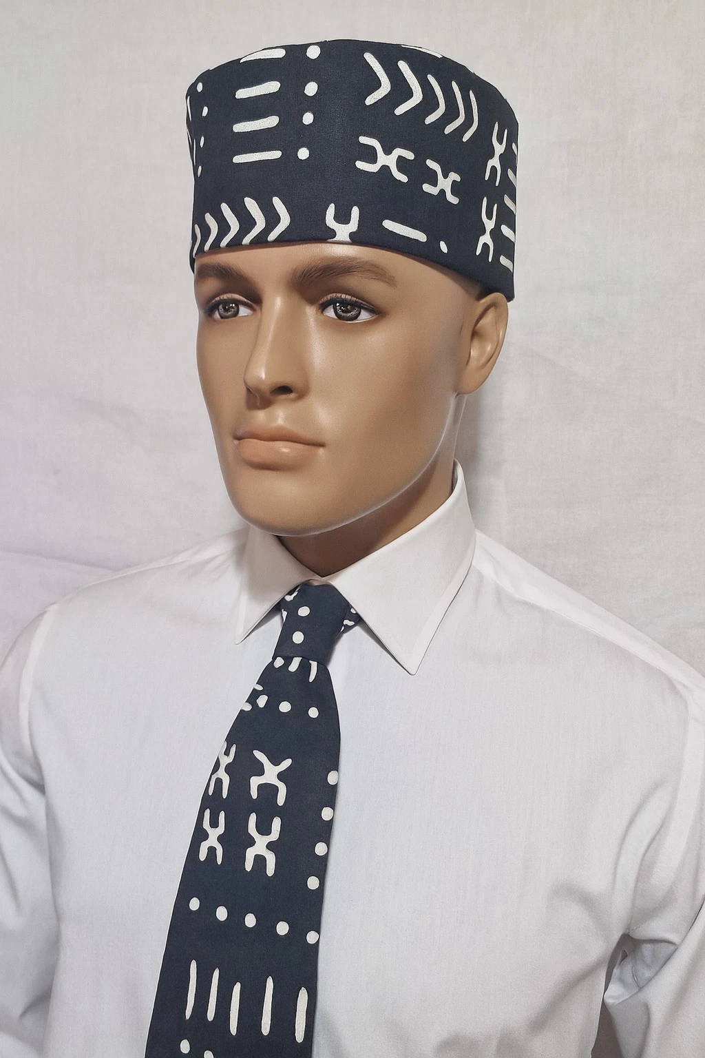 African kufi hats and neck tie black and white design custom fitted
