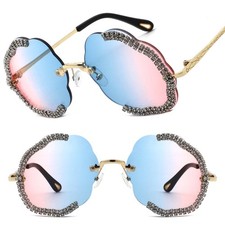 Chic Gold Geometric Sunglasses Womens Unique Scalloped Rimless Rhinestone Tinted