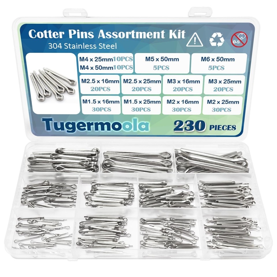 230PCS 12 Sizes Cotter Pins Assortment Kit 304 Stainless Steel Split 230pcs-12-sizes-cotter-pins-assortment-kit-304-stainless-steel-split