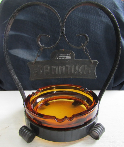 Vintage German Stammtisch Metal Table Ashtray Stand Glass Amber Ashtray Mannheim
