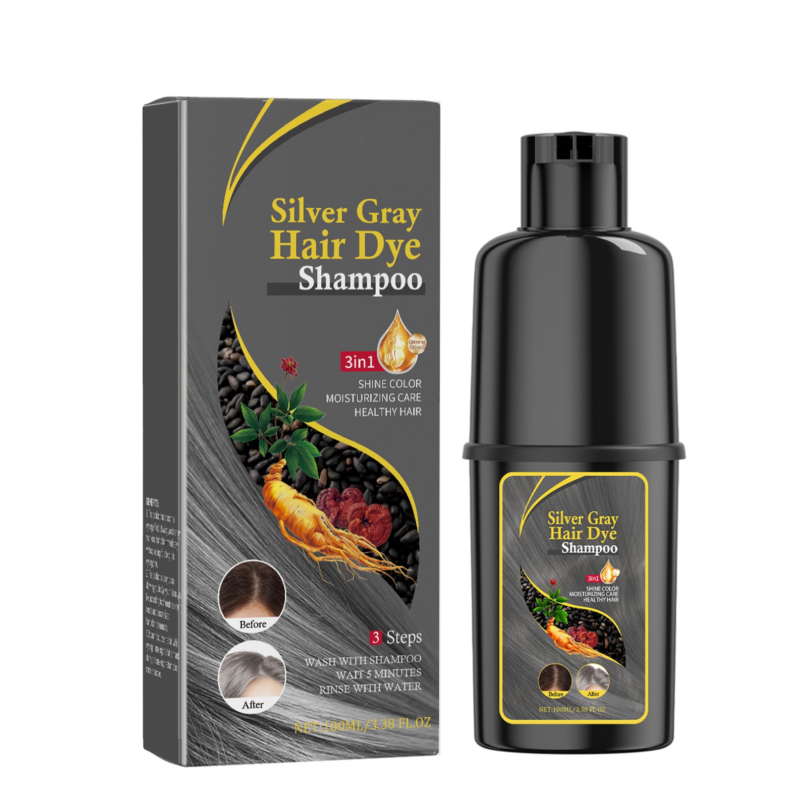 3 in 1 Shampoo Silver Gray Hair Dye Gentle and Easy Color Changing Color Wash