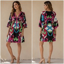 Nicole Miller Geometric Boho Dress, Womens Size Large 14 Multi Color Retro Style
