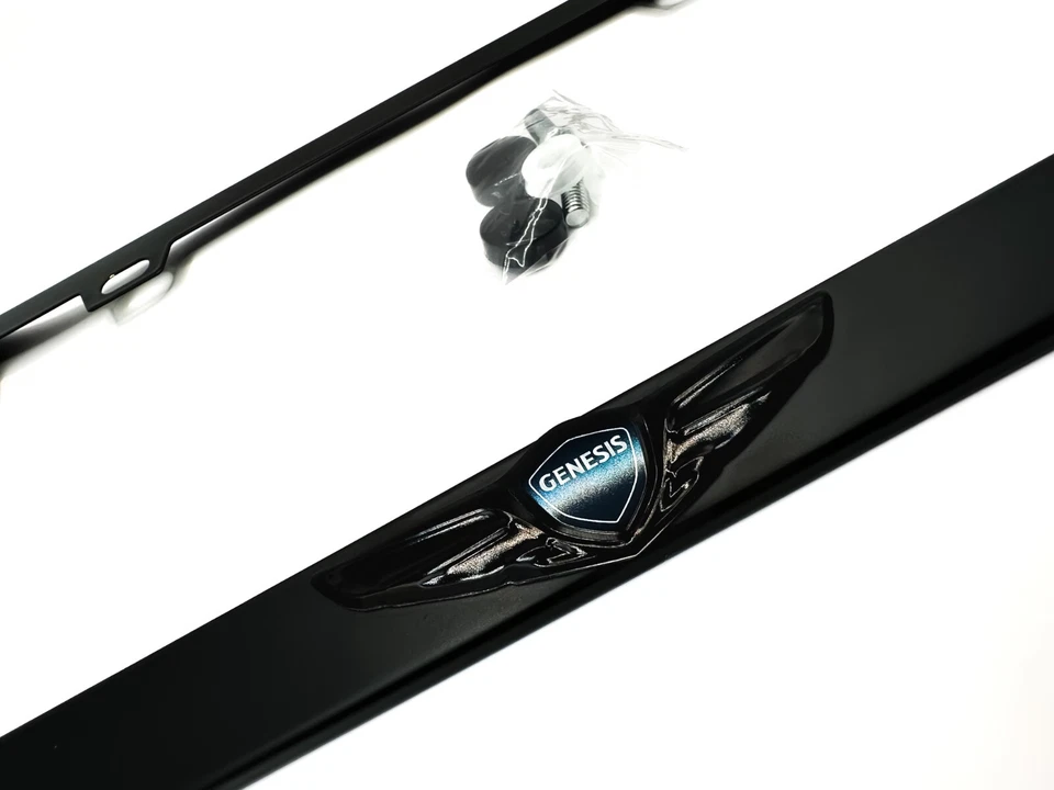PREMIUM BLACK Genesis Wing License Plate Frame with GLOSS Logo Stainless Steel - Image 3 of 4