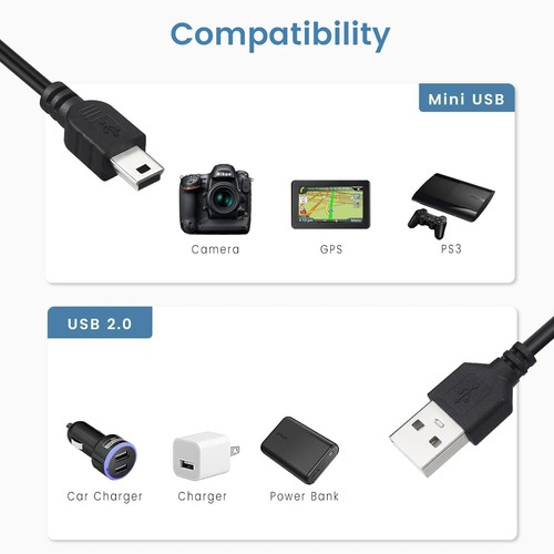 Câble Chargeur Mini USB 5 Broches Câble Plomb pour Lecteur Média MP3 MP4 Caméra GPS PS3 - Photo 2 sur 5