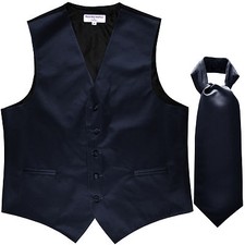 New Men's Formal Tuxedo Vest Waistcoat solid Ascot cravat Navy Blue wedding