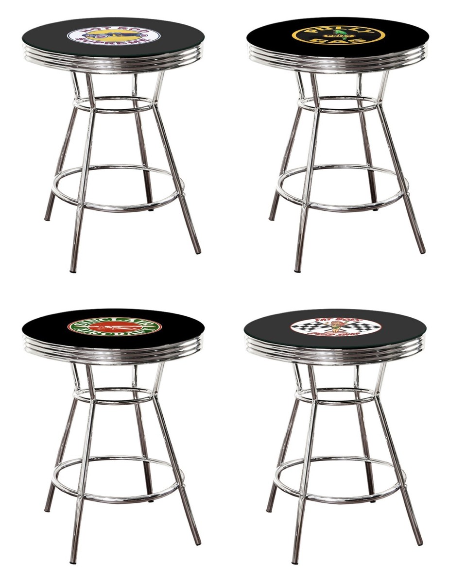 BLACK BAR PUB TABLE WITH VINTAGE GAS GARAGE AUTO SHOP THEME DECAL GLASS OPTION