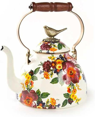 Charming Enamel Tea Kettle, 3-Quart, White Floral Design with Bird Lid