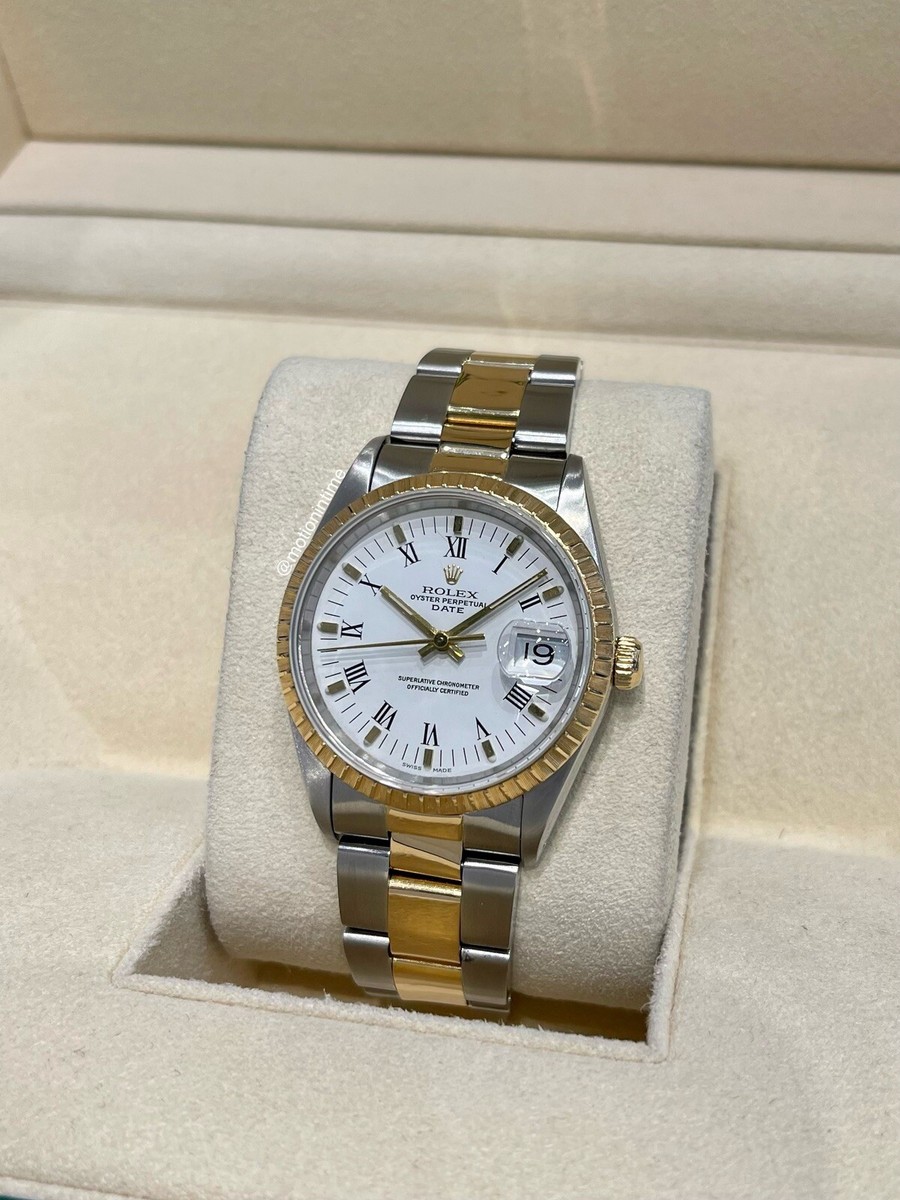 Rolex 15223 Date 34mm, White Dial, Yellow Gold Fluted Bezel -Gold