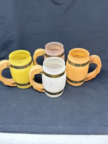 Vintage Multicolor Siesta Ware Tiki Mugs Frosted Glass Wooden Handle Set of 4