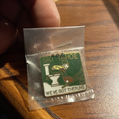 Vintage Humorus Ski Tahoe Hat Lapel Pin ''We've Got The Runs'' Skier on Toilet