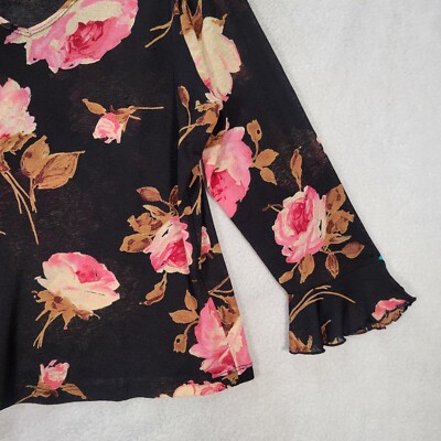 Vtg 90s Ninety Womens Top Size L Black Mesh Sheer Floral