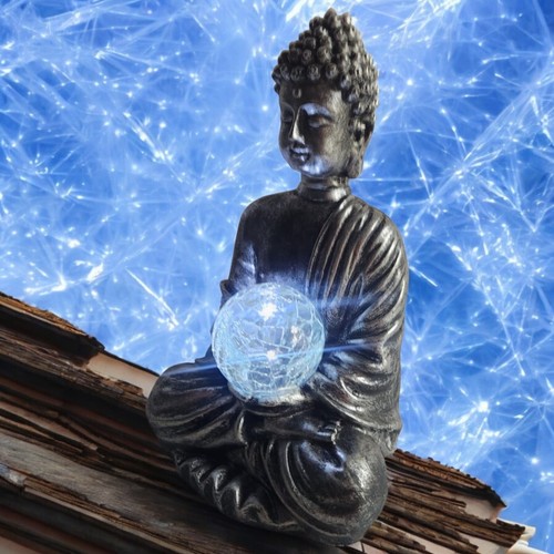 Buddha Ornamento da Giardino con Sfera di Luce LED | Statua Zen in Resina per Casa e Patio - Foto 9 di 11