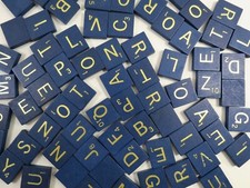 Wood Scrabble Tiles, BLUE w/ GOLD Letters, 50th Anniversary Ed, Sold Individual