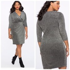 Eloquii Draped Front Silver Metallic Shiny Glitter Shimmer Wrap Dress Size 24